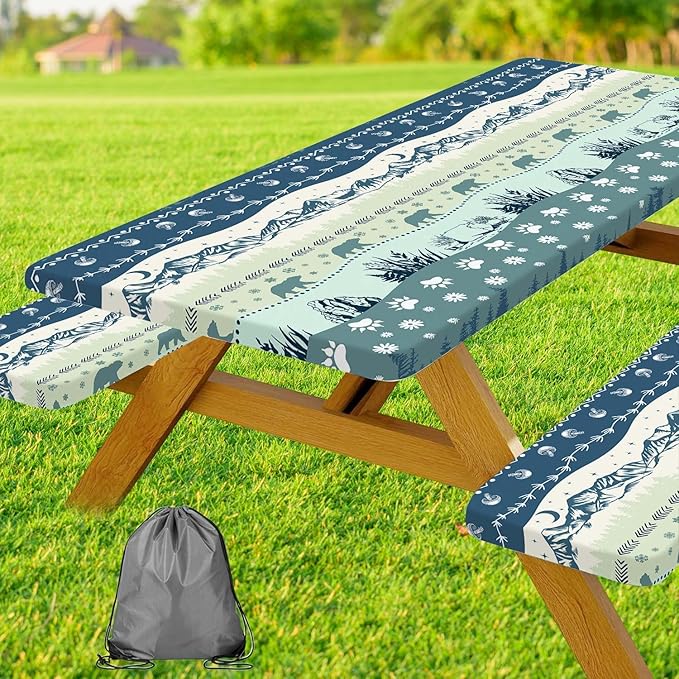 Picnic Table Cover with Bench Covers and Bag, Camping Essentials, Bohemian Waterproof Windproof Camping Tablecloth, Fitted Tablecloth Cover with Elastic Edge, for Garden & Outdoor, 3 PCS, 30x60 Inch