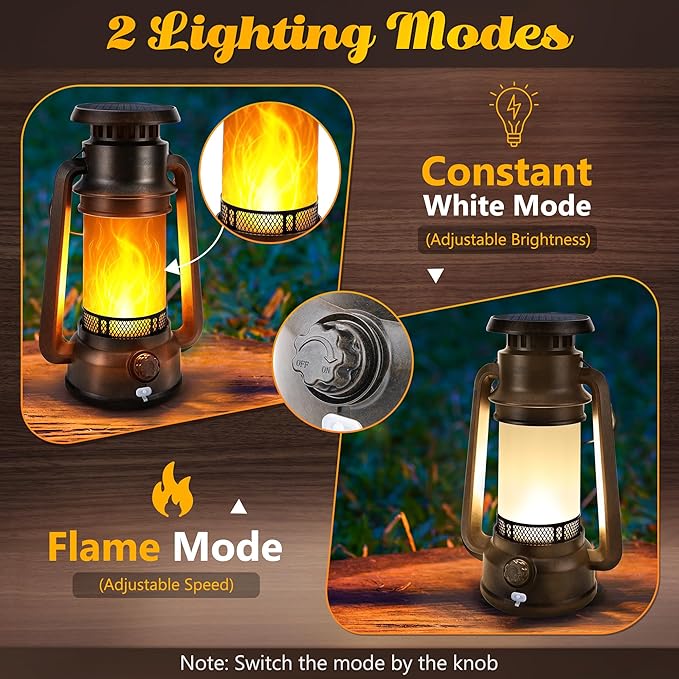 Toodour Solar Lantern Outdoor Lights, 2 Pack Bronze Vintage LED Lantern with 2 Modes, Dual Charging Solar/USB Waterproof Hanging Solar Lights for Camping Patio Garden Yard Porch Outdoor Indoor Decor