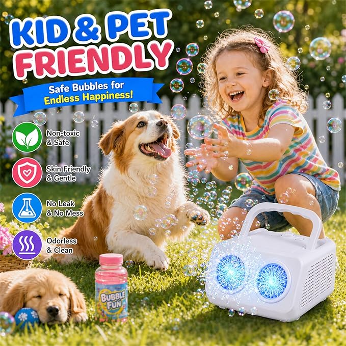 SHCKE Automatic Bubble Machine Upgrade Bubble Blower with 2 Fans,20000+ Bubbles Per Minute, USB-C or Battery Powered,Sealed Bottle, Portable Bubble Maker for Birthday Party Pool Wedding Outdoor