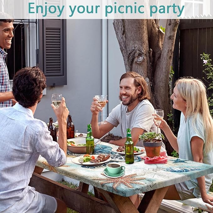 Picnic Table Cover with Bench Covers 6FT, Camping Essentials, Nautical Sea Turtle Ocean Windproof Waterproof Picnic Table Cloth, Fitted Tablecloth with Elastic Edge for Indoor Outdoor 3PCS 30x60 Inch