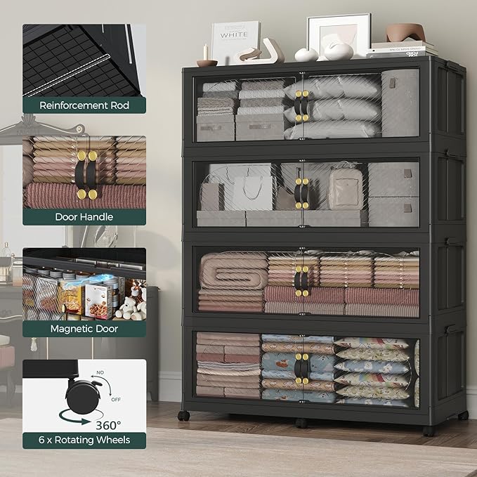 320GAL Plastic Storage Bins with Lid, 1280QT Extra Large Stackable Closet Organizers and Storage, Collapsible Storage Boxes with Wheels, Folding Cabinet for Home Kitchen Office, 4Pack Black