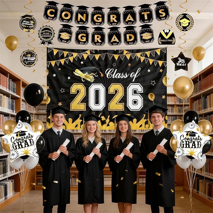 Black Gold Graduation Decorations 2026, Graduation Party Decorations Set with Class of 2026 Backdrop Congrats Grad Banner Foil Star Balloon Grad Balloon Hanging Streamers Kit for High School College
