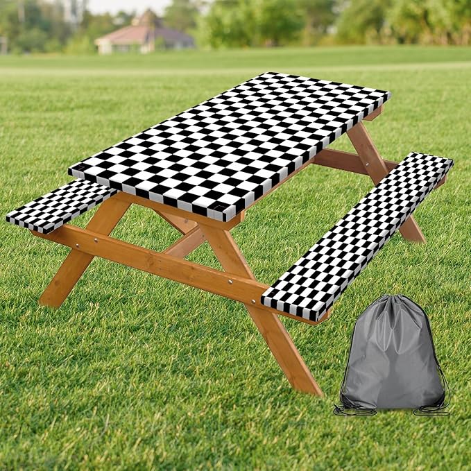 Picnic Table Cover with Bench Covers and Bag, Black and White Checkered Buffalo Plaid Camping Tablecloth Waterproof Windproof Elastic Edges Fitted Gingham Tablecloth for Outdoor Garden 3PCS 30x60 Inch