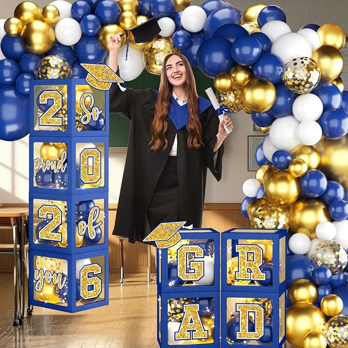 Graduation Decorations Class of 2026,Blue and Gold Graduation Decorations Class of 2026,Blue Balloon Arch Grad Boxes with Letters 2026 So Proud of You Grad 2026 for College Graduation Party Supplies