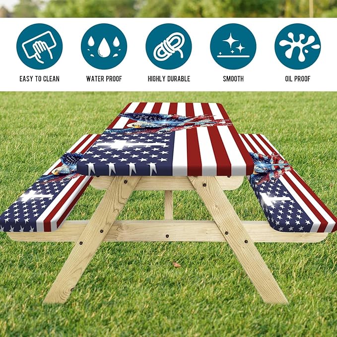 American Flag Picnic Table Cover with Bench Covers, USA Flag Art Eagle Camping Essentials Waterproof Table Cloth Fitted for Table Rectangle and Seats,Outdoor Table Covers with Elastic Windproof Edges