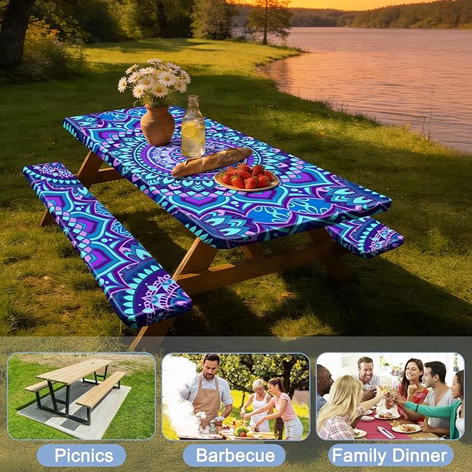 Picnic Table Cover with Bench Covers Windproof Waterproof Picnic Table Covers Camping Tablecloth with Self-Storage Bag, 72in, Blue Purple