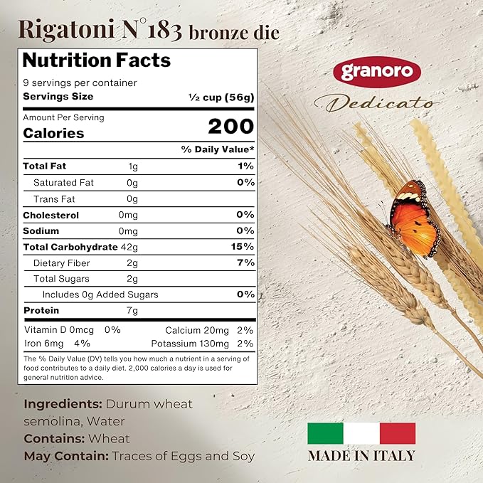 Granoro Dedicato Rigatoni #183 - Ridged Tube Pasta, 100% Apulian Durum-Wheat, Bronze-Drawn, Non-GMO, Vegan, 1 lb Bags (Pack of 3)