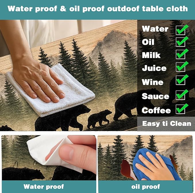 Picnic Table Cover with Bench Covers and Bag, Forest Mountain Bear Wooden Waterproof Windproof, Fitted Tablecloth Cover with Elastic Edge, for Indoor & Outdoor, Garden, Camping, 3 PCS 30x60 Inch