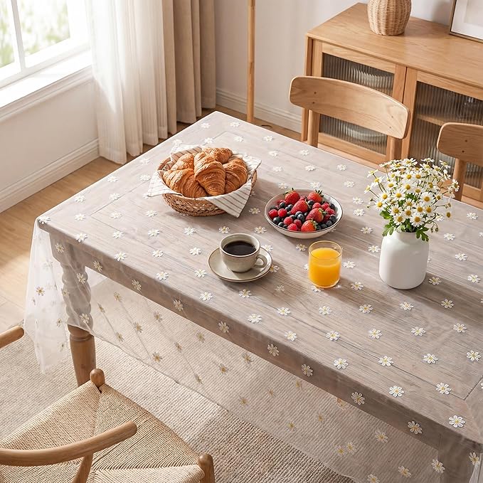 Horaldaily White Embroidery Daisy Spring Summer Gauze Tablecloth 52×70 Inch Rectangular, Seasonal Tulle Table Cover, Garden Party Decorations for Wedding, Party, Holiday Dining