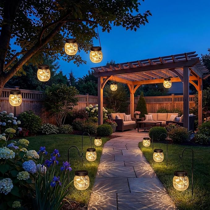 2 Pack Small Solar Lanterns Outdoor Waterproof, Cracked Glass Hanging Globe Lights for Backyard Patio Garden Pathway Balcony and Table Decor, Warm White - Gifts for Women Mom Homeowners