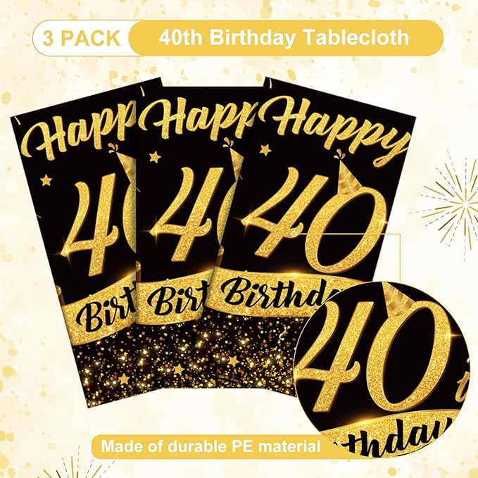 NatNarr 3 Pack 40th Birthday Plastic Tablecloth, 54x108 Inch Black Gold Disposable Rectangle Table Cover Waterproof Table Cloth for Birthday 40 Anniversary Party Supplies