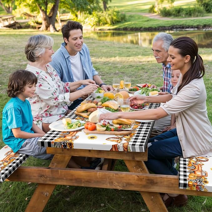Fall Picnic Table Cover with Bench Covers, Camping Essentials, Buffalo Plaid Thanksgiving Pumpkin Waterproof Windproof, Fitted Tablecloth Cover with Elastic Edge, Indoor & Outdoor, 3 PCS, 30x60 Inch