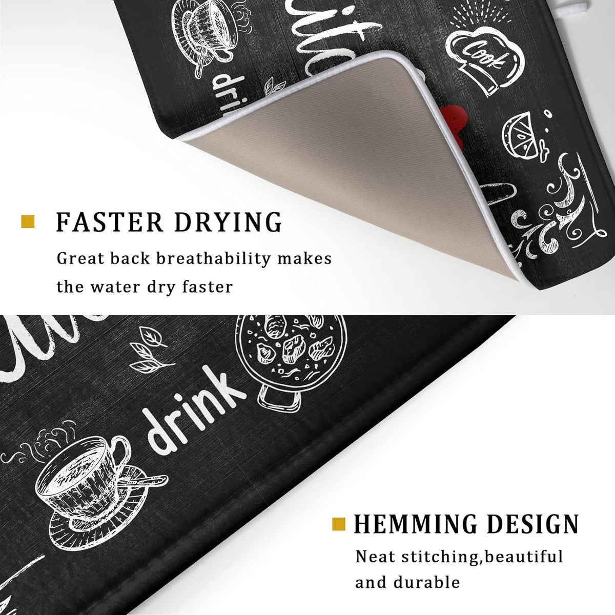Black Coffee Bar Dish Drying Mats for Kitchen Counter 18x24 Inch, Kitchen Drying Mat