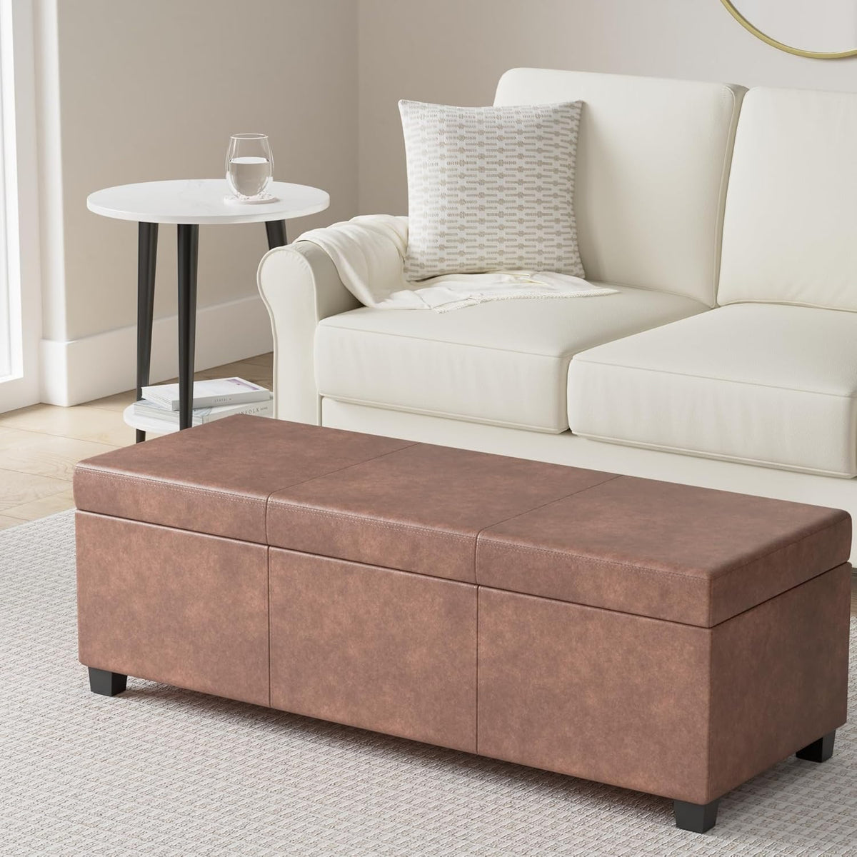SIMPLIHOME Avalon 48 inch Wide Contemporary Rectangle Storage Ottoman Bench in Distressed Umber Brown Vegan Faux Leather, Assembled, For the Living Room, Entryway and Family Room