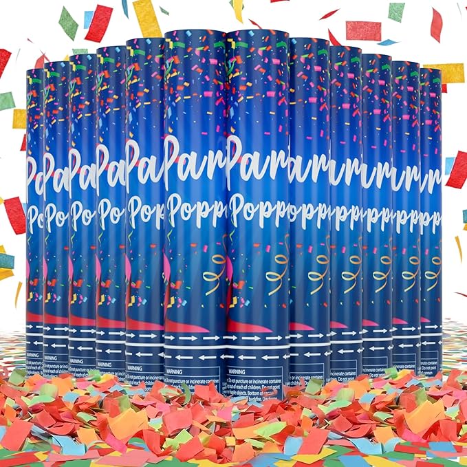 Confetti Cannon 12Inch Confetti Poppers 12 Pack Multicolor Party Poppers Confetti Shooters Air Compressed Color Popper Cannon Bulk for Graduation New Years Eve Birthday Wedding Indoor and Outdoor
