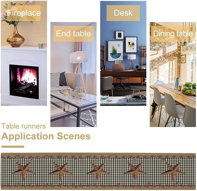 Rustic Star Table Runner, Vintage Wood Barn Black Grid Western Texas Farmhouse Country Print Table Runner for Home Party Patio Indoor Outdoor, 13x70inch