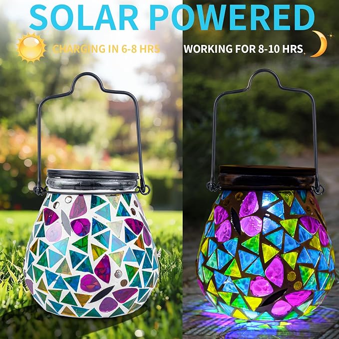 Afirst Mosaic Solar Lanterns - Glass Hanging Lights Butterfly Hollow Out Waterproof Outdoor Decorative for Garden, Patio, Holiday Party Outdoor Decoration, 1 Pack
