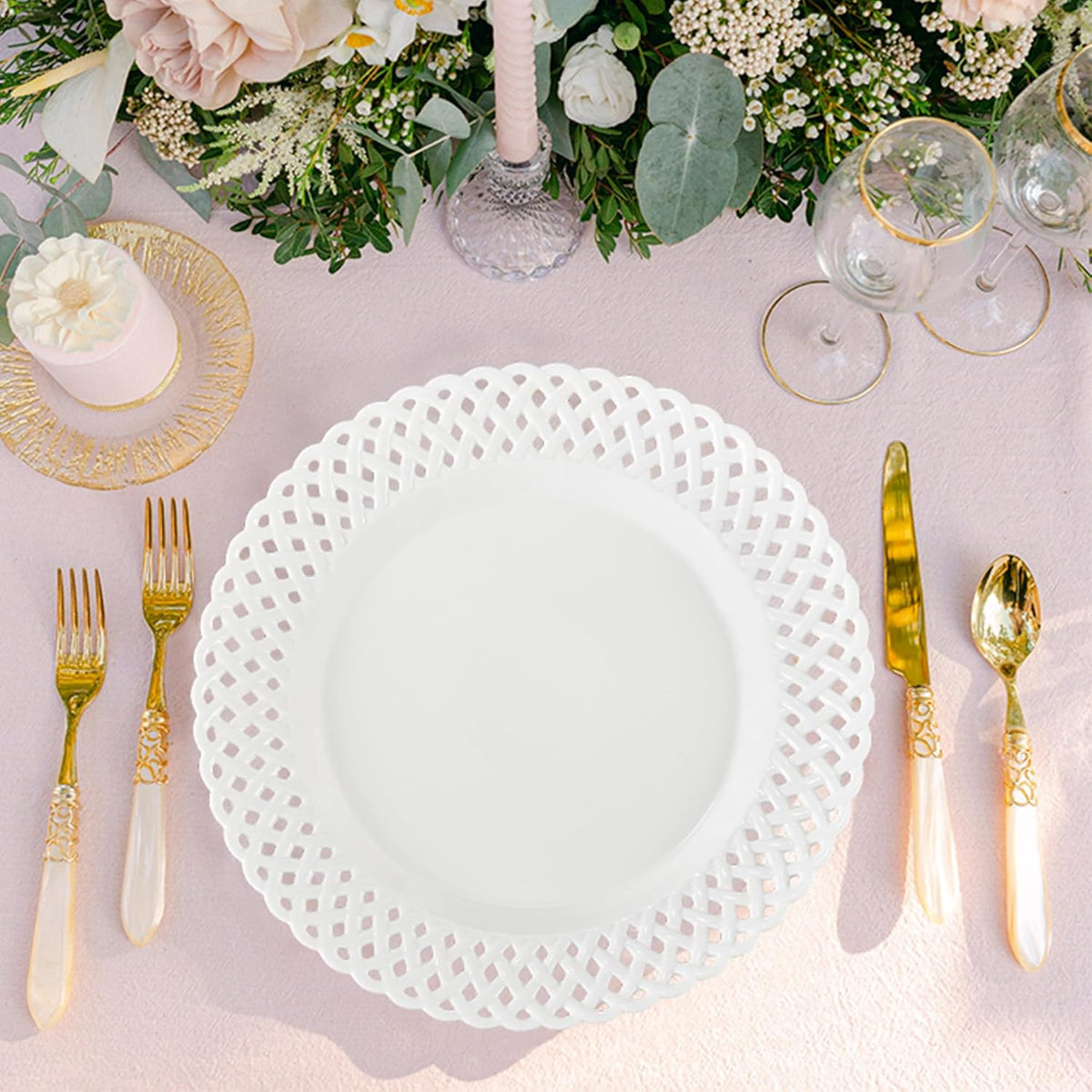 Large White Dinner Plates 12 inch, Ceramic Dinner Plates Set of 4, Basketweave Wide Rim Stackable Hotel Value Round Coupe Shape for Restaurant