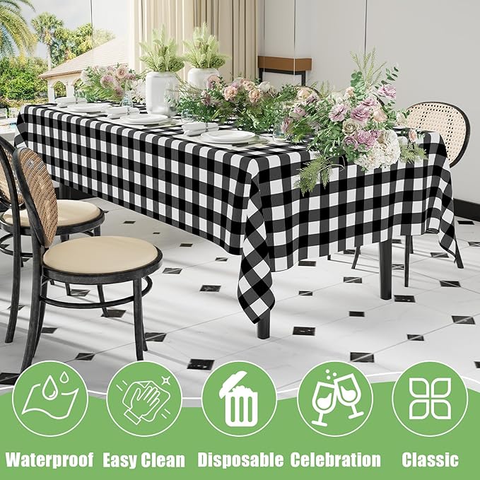 Smiry 10 Pack Black Gingham Disposable Tablecloths - 54" x 108" Heavy Duty Plastic Table Cloth, Waterproof Buffalo Plaid Table Covers for Picnic, Banquets, Outdoor Parties