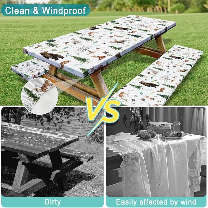 Picnic Table Cover with Bench Covers, Camping Essentials, Funny Rustic Woodland Animals Dear Beer Fox Table Cover Waterproof Fitted Tablecloth Cover with Elastic Edge for Outdoor 3 PCS 30x96 Inch