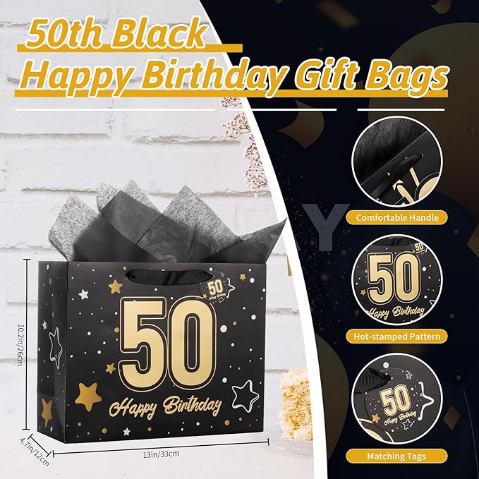 Powbrace 13" Black 50th Birthday Gift Bag with Tissue Paper and Greeting Card for Party,Happy Birthday Gift Bag for Men Women,Gift Bags Medium size(1 Black 50th)