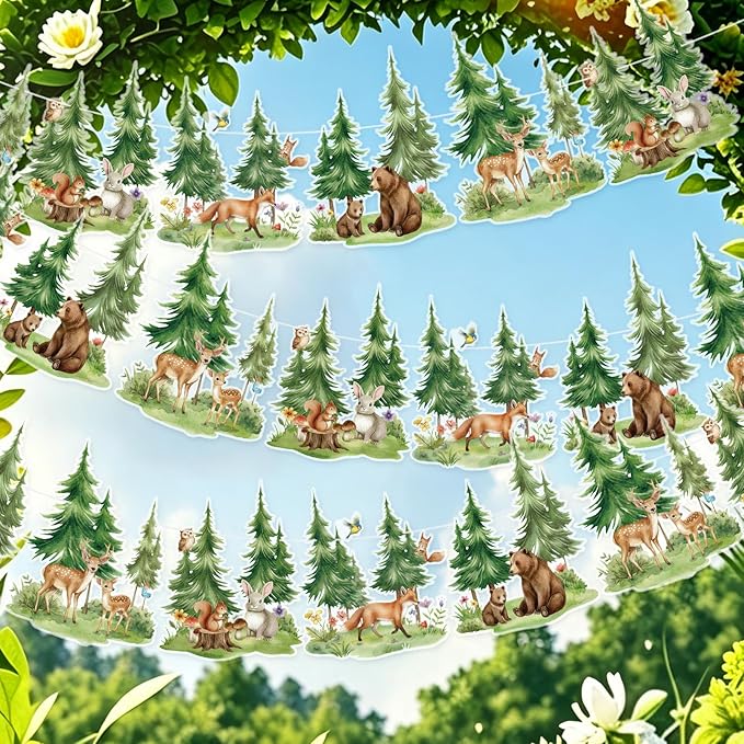 SUNBEAUTY Woodland Animals Banner 6.56FT Babyshower Party Decoration,Waterproof 2-Side Printed Garland Bunting with Tree Bear Fox Deer Rabbit for Kids Nursery Livingroom Gender Reveal Birthday