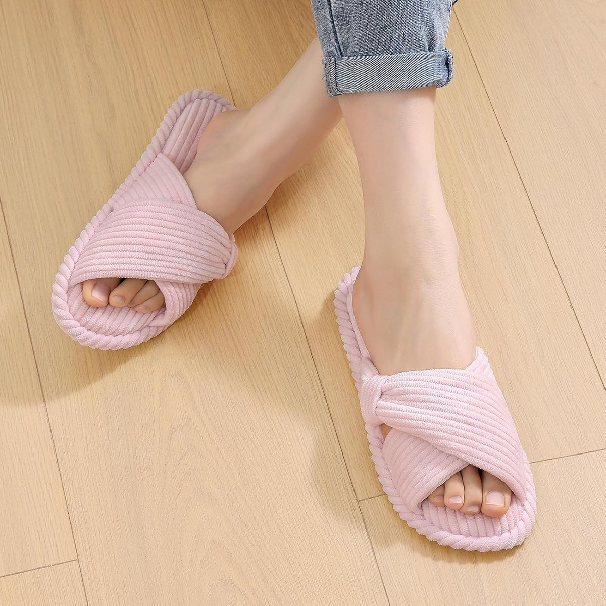 Evshine Summer House Slippers for Women Corduroy Cross Bow Indoor Slippers Open Toe Slip On Bedroom Shoes with Memory Foam