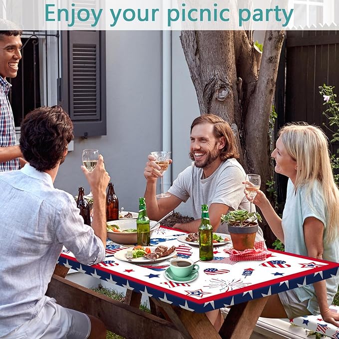 4th of July Picnic Table Cover with Bench Covers, Camping Essentials, Patriotic American Flag Gnomes Stars Table Cover Waterproof Fitted Tablecloth Cover with Elastic Edge for Outdoor 3 PCS 30x60 Inch