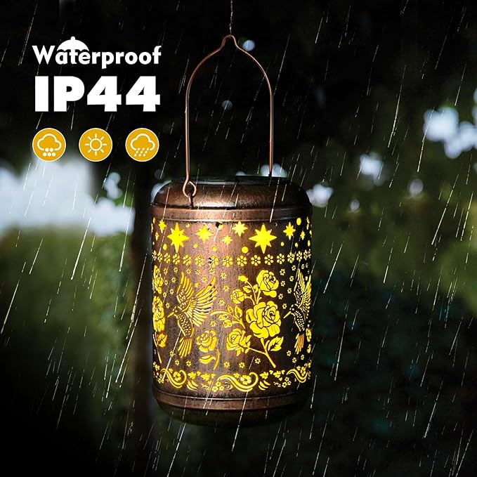 2 Pack Solar Garden Decor Metal Lantern Hummingbird Table Lamp Bronze Outdoor Dercoration Great Gift for Women Mon Grandma Hanging Lights for Patio Courtyard Garden