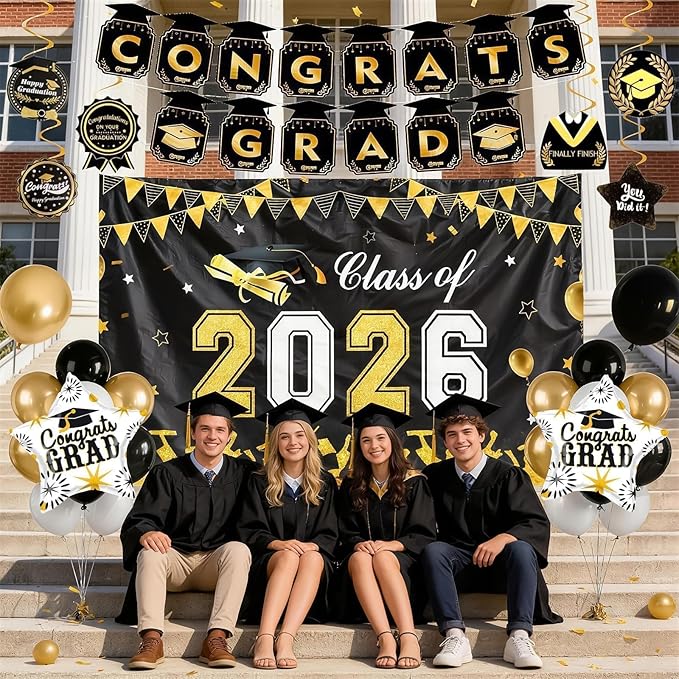 Black Gold Graduation Decorations 2026, Graduation Party Decorations Set with Class of 2026 Backdrop Congrats Grad Banner Foil Star Balloon Grad Balloon Hanging Streamers Kit for High School College