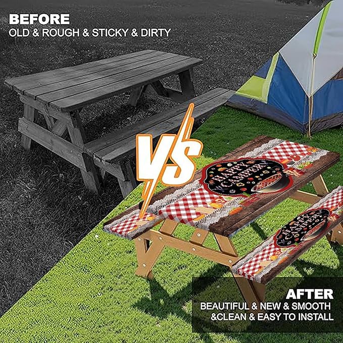 Happy Camper Picnic Table Cover with Bench Covers Elastic Edges, Wooden Red Plaid Fitted Table Cover, Outdoor Patio Camping Essentials 72 Inch 3PCS, Waterproof Fitted Tablecloth with Drawstring Bag