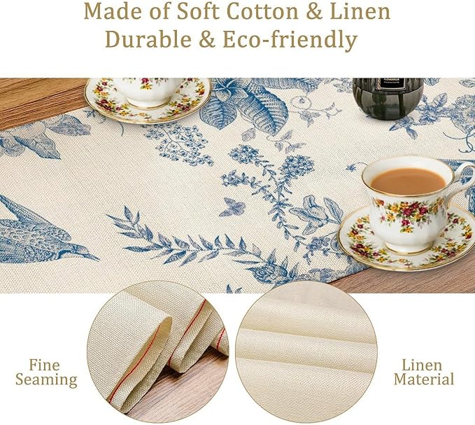 Spring Flower Table Runner, Farmhouse Vintage Blue White Floral Bird Print Table Runner for Kitchen Dining Table Party Wedding Decor, 13x120inch