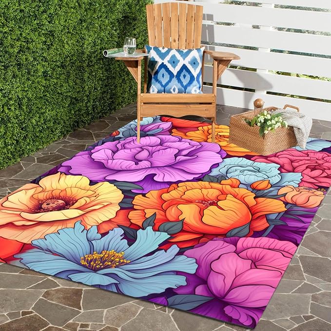 Easy Clean Floral Outdoor Rug 7x10 Yellow Purple Machine Washable Area Rugs for Patio Balcony Camping Pool Garden Non Slip Waterproof Outside Carpet Vibrant Low Pile Porch Mat