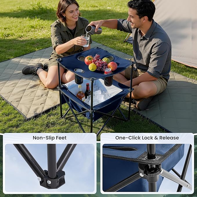 Portable Outdoor Folding Camping Table with 4 Cup Holders & Cooler Compartment, Waterproof Picnic Table for Picnic, BBQ, Beach, Hiking (Dark Blue, 1 PCS)