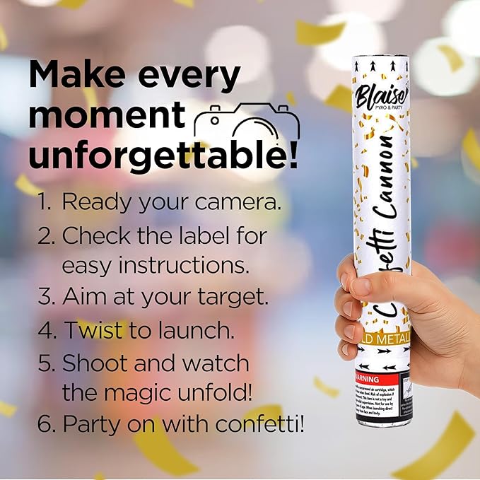 Blaise Pyro & Party Gold Confetti Poppers - Easy to Use Paper Confetti Poppers for Weddings, Birthdays, Anniversaries & More - Colorful Confetti Cannon for Memorable Photos - 2 Pack, 12 Inch