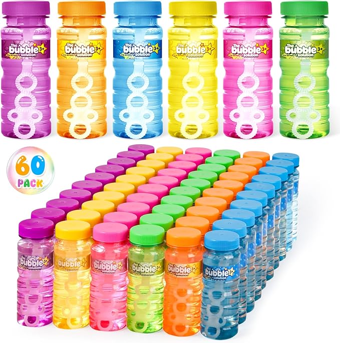 OCHIDO 60 Pcs Bubble Wands Bulk, Bubble Bottles with Wand, Bubbles Party Favors for Summer Toys Gift, Birthday Party Supplies, Blow Bubbles Solution Novelty Toy, 4oz Bubbles Solution in 6 Colors