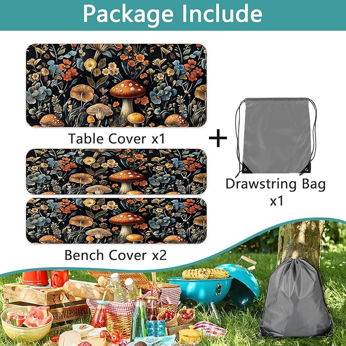 Picnic Table Cover with Bench Covers and Bag, Summer Outdoor Waterproof Windproof Tablecloth with Elastic Edges, Camping Accessories RV Gear Campers 3 Pcs Set, Black Mushroom 30X72inch