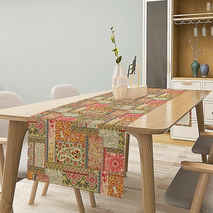Colorful Patchwork Table Runner, Boho Floral Vintage Wildflower Rustic Paisley Design Table Runner for Dining Coffee Party Holiday Farmhouse 13x36in