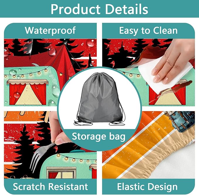 JAWO 96in Picnic Table Cover with Bench Covers, Camping Essentials Water Resistant Windproof Picnic Table Cloth,Fitted Tablecloth Cover with Elastic Edge for Indoor Outdoor, Camper Fitted Table Cover