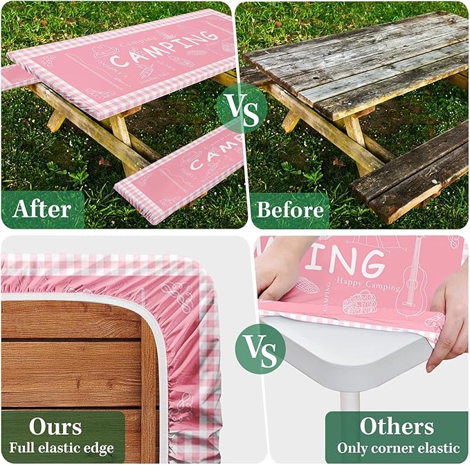 Picnic Table Cover with Bench Covers Elastic Edges, Pink Camper Fitted Table Cover, Outdoor Patio Camping Essentials 72 Inch 3PCS, Waterproof Camping Fitted Tablecloth with Drawstring Bag