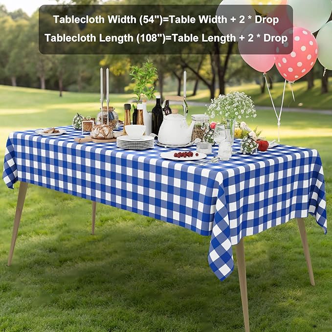 Smiry 10 Pack Blue Gingham Disposable Tablecloths - 54" x 108" Heavy Duty Plastic Table Cloth, Waterproof Buffalo Plaid Table Covers for Picnic, Banquets, Outdoor Parties