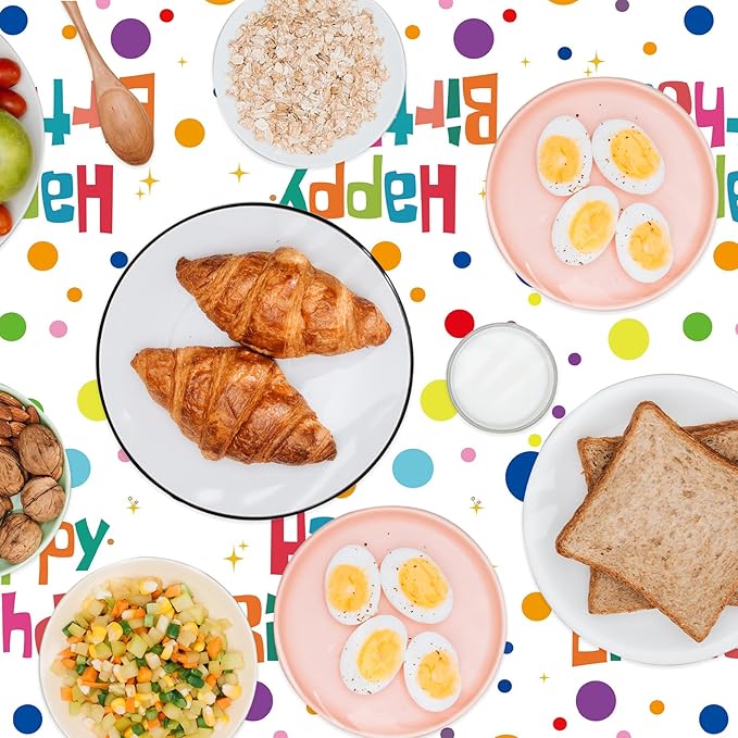 2 Pack Happy Birthday Tablecloth Party Decorations, 54X108inch Disposable Rectangle Colorful Polka Dots Table Cloths Waterproof Plastic Table Cover for Girls Boys Kids Birthday Supplies
