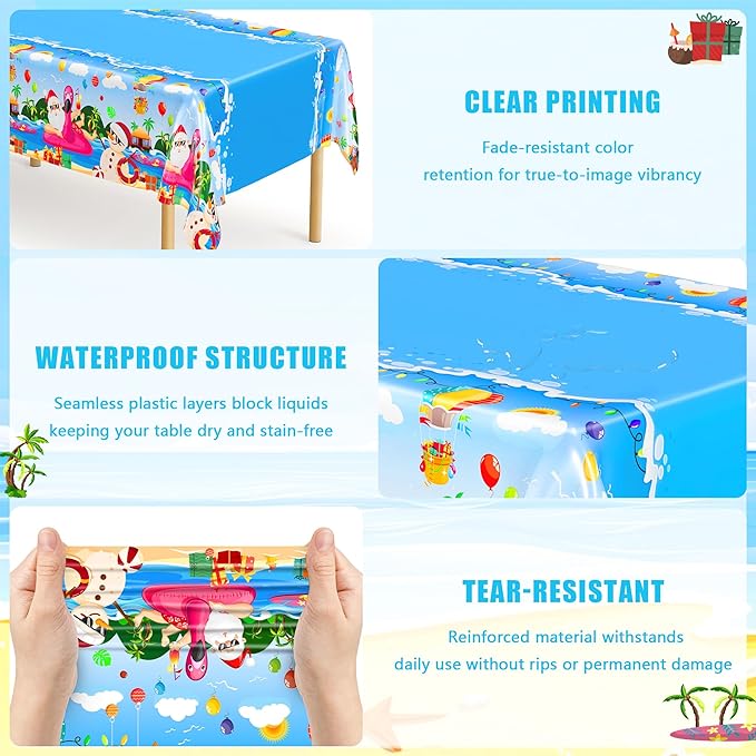 QZYL 3 Pcs Christmas July Tablecloths, 51 x 86.6 Inch Waterproof Summer Christmas Tablecloth, Disposable Santa Plastic Rectangle Table Cover, for Pool Beach Indoor Outdoor July Xmas Decorations