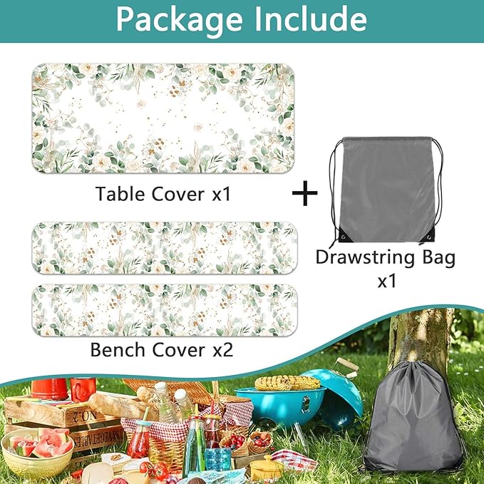 Picnic Table Cover with Bench Covers and Bag, Outdoor Waterproof Windproof Tablecloth with Elastic Edges, Camping Accessories RV Gear Campers 96x30 Inches 3 Pcs Set, Sage Green Eucalyptus Leaves
