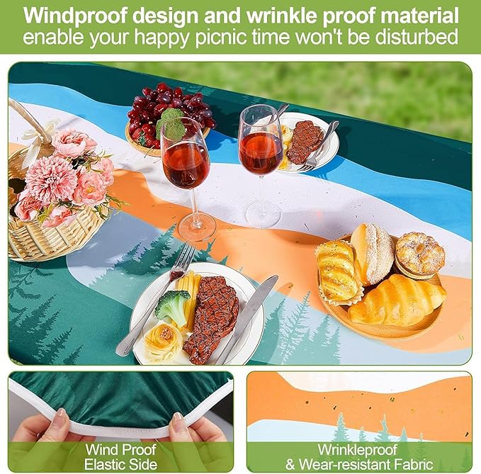 Picnic Table Cover with Bench Covers Camping Essentials Waterproof Windproof Camping Tablecloth with Drawstring Bag, Fitted Rectangle Tables and Seats, 60in, Orange Blue