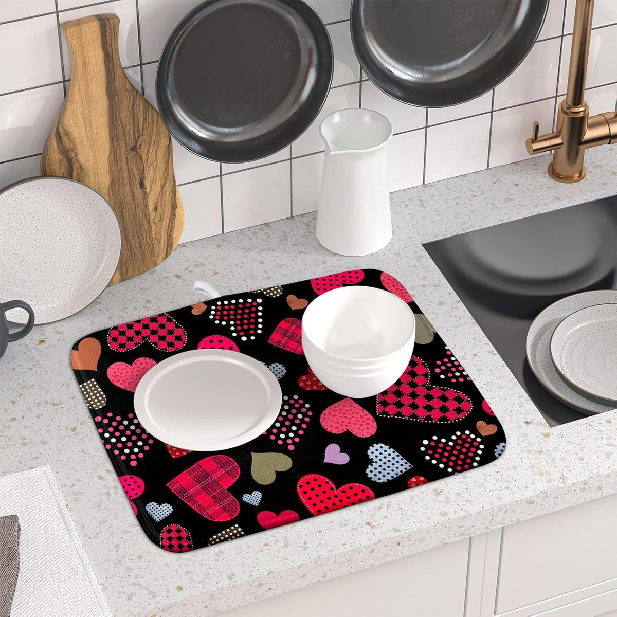 Happy Valentine's Day Black Dish Drying Mat for Kitchen Counter,Pink Love Heart Drying Mat 16 x 18 Inch with High Absorbent Microfiber Drainer Mat