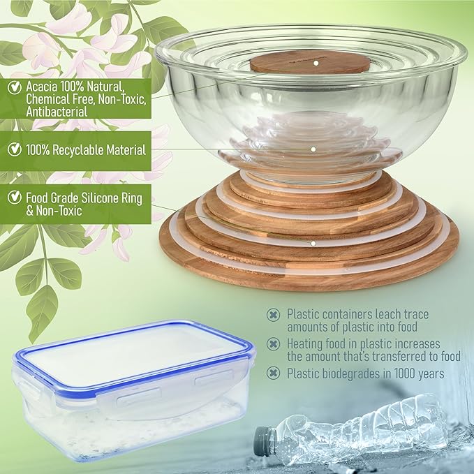 Set of 5 Nesting Glass Bowls with New Updated Acacia Lids for Foodprep, Storage, Mixing & Cooking - Microwave & Oven-ready BPA Free Durable Heat Resistant Inert Borosilicate Glass