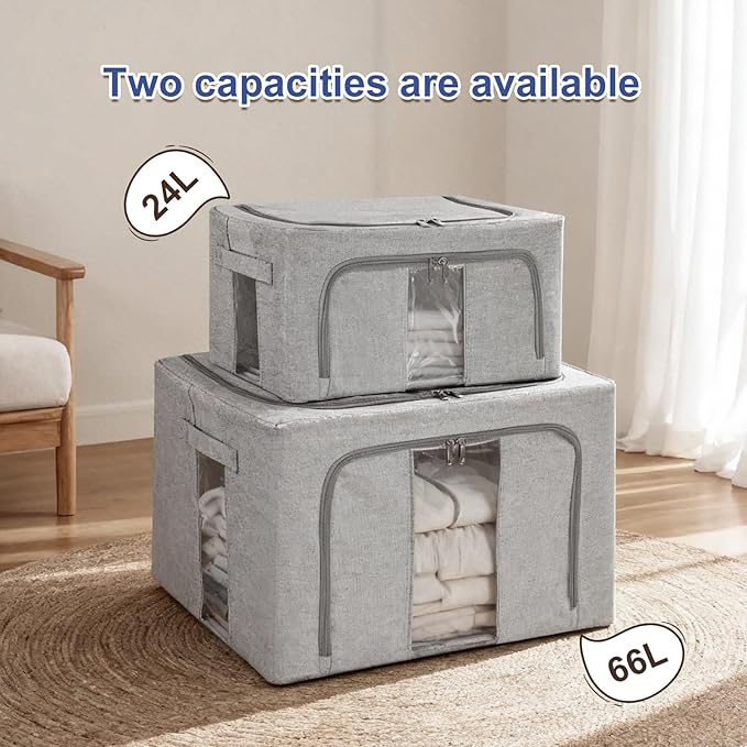 3 Pack Clothes Storage Bins with Metal Frame,Foldable Storage Bin with Lid for Clothes,Stackable Cotton Linen Fabric Organizer Set with Carrying Handles and Clear Window(Grey, 24L)