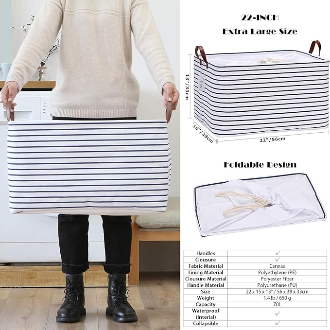 Hinwo 70L Extra Large Storage Bins, 6-Pack Closet Organizers and Storage, Foldable Clothes Storage Baskets with Handles, Containers for Clothing, Blanket, Comforters, Toys, Bedding (Gold Stripe)