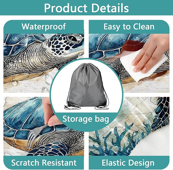 Picnic Table Cover with Bench Covers 6FT, Camping Essentials, Nautical Sea Turtle Ocean Windproof Waterproof Picnic Table Cloth, Fitted Tablecloth with Elastic Edge for Indoor Outdoor 3PCS 30x72 Inch